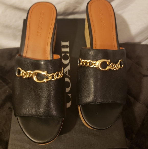 Coach | Shoes | Coach Black Leather Wedge Gold Chain | Poshmark